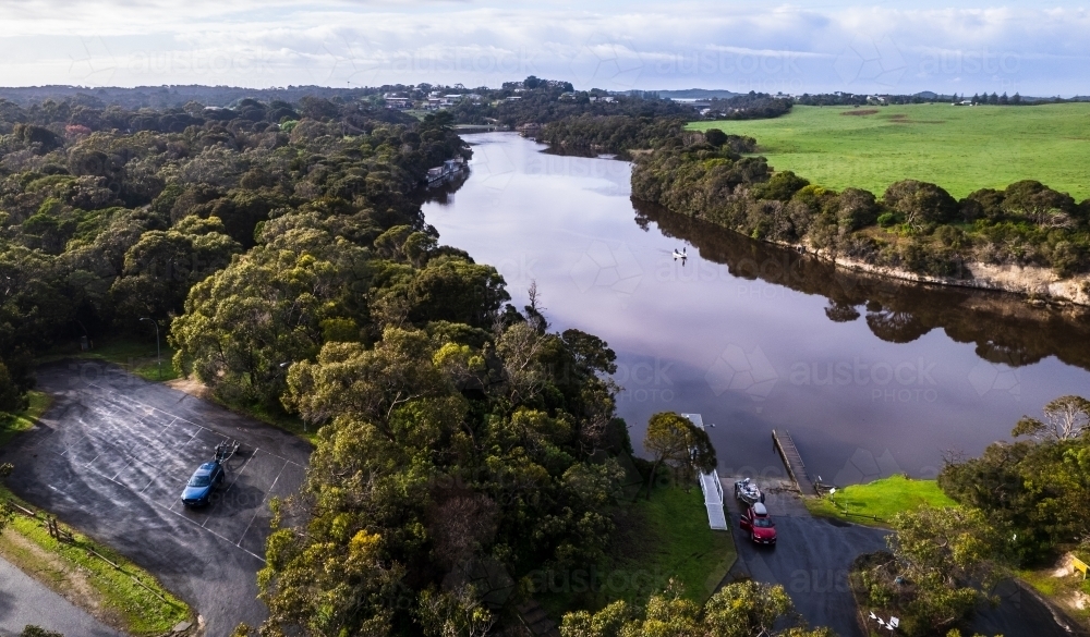 Aerial shot of Boat Ramp on Glenelg River - Australian Stock Image