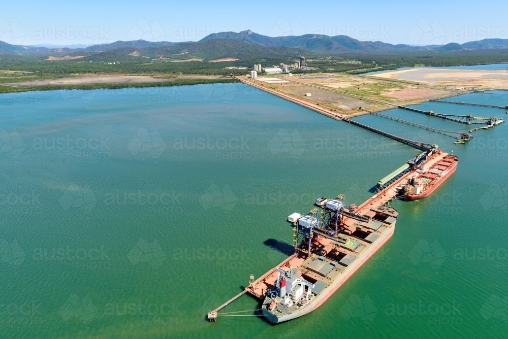 Aerial shot of cargo boats at Fisherman's Landing wharf near Gladstone - Australian Stock Image