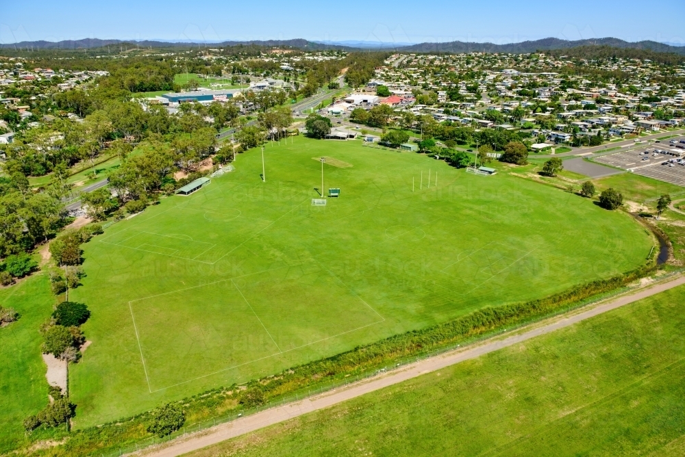 Aerial shot of Clinton Soccer fields in Gladstone, Queensland - Australian Stock Image