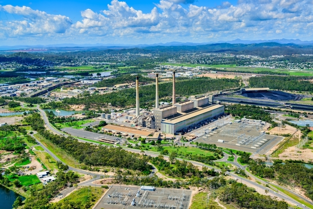 Aerial shot of coal fired power station in Gladstone, Queensland - Australian Stock Image