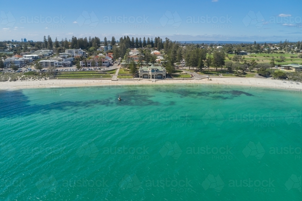 Aerial shot of the clear ocean water and Cottesloe Beach in Perth, Western Australia. - Australian Stock Image