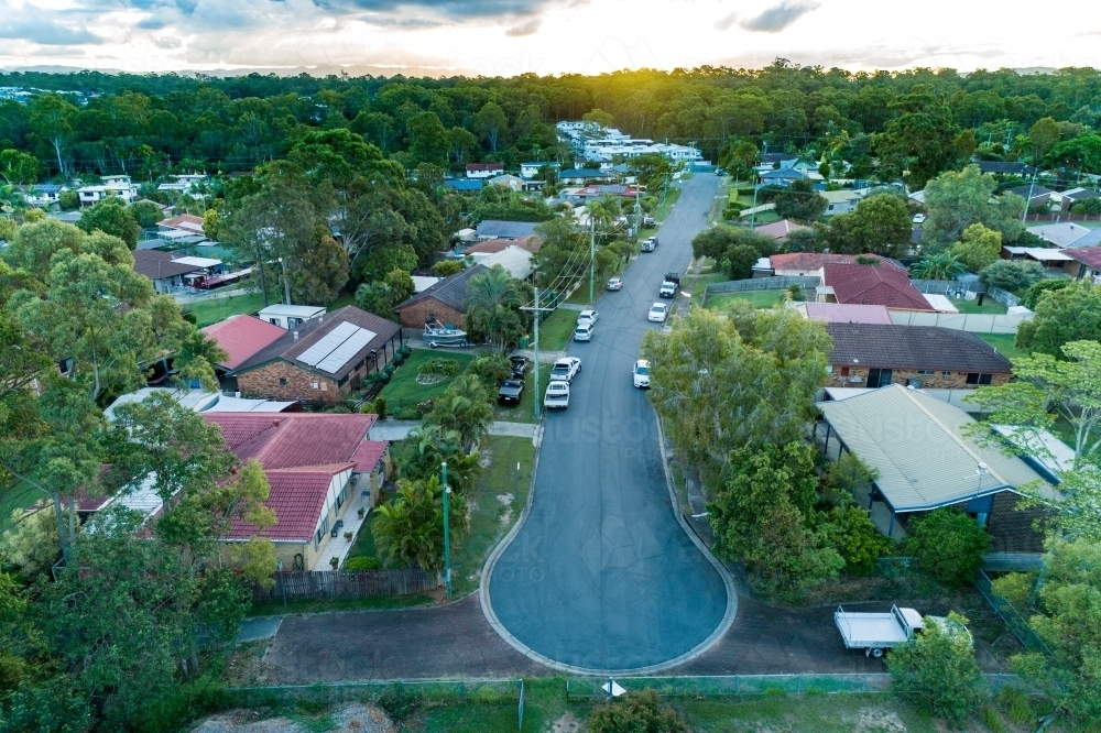 Aerial suburban street view at dusk. - Australian Stock Image