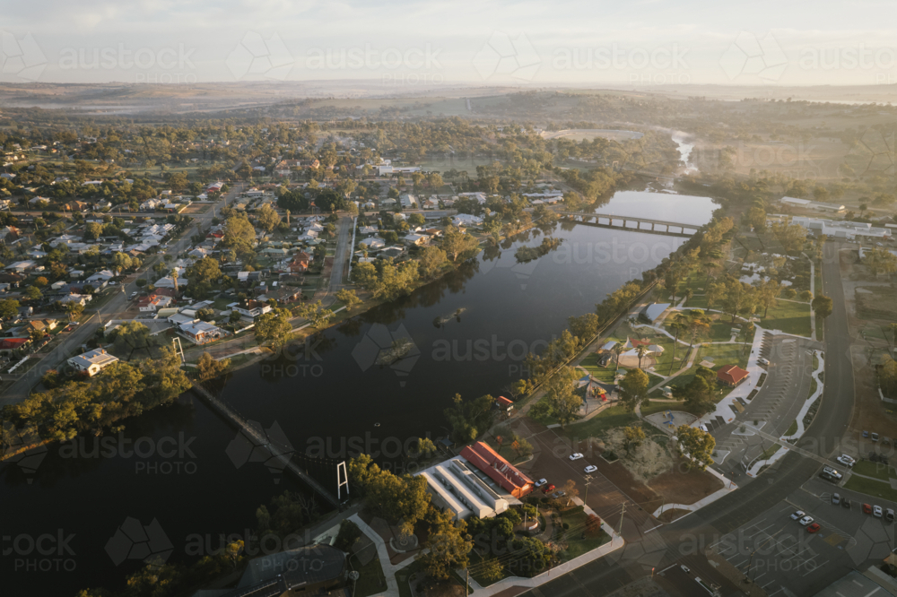 Aerial sunrise over Avon River and town of Northam in Western Australia - Australian Stock Image