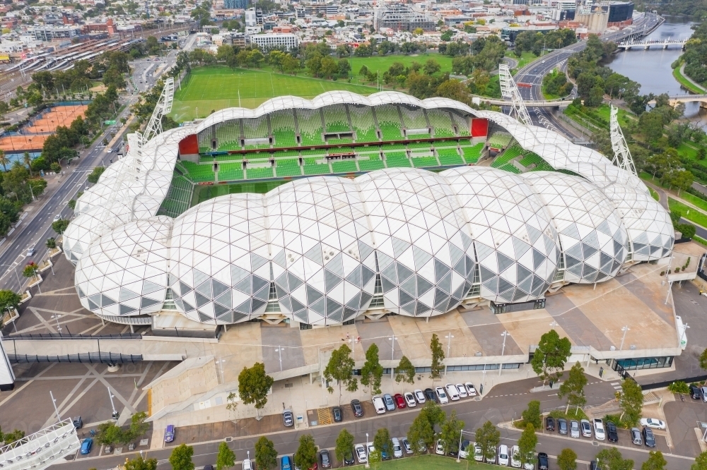 Aerial view looking down on a sports stadium with a modern architectural design - Australian Stock Image