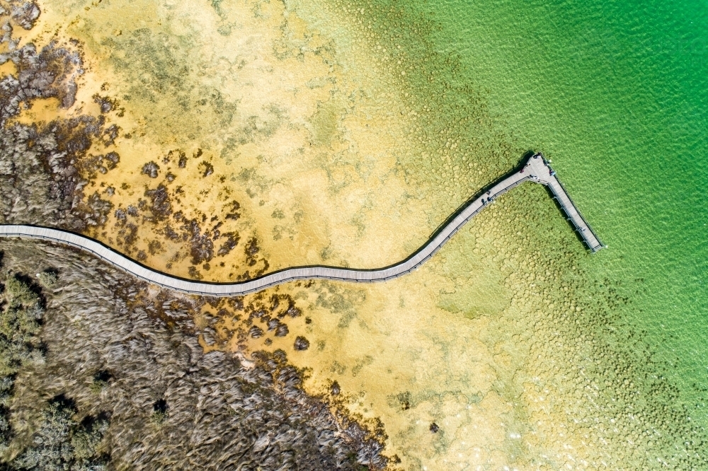 Aerial view looking down on the boardwalk and thrombolites at Lake Clifton - Australian Stock Image