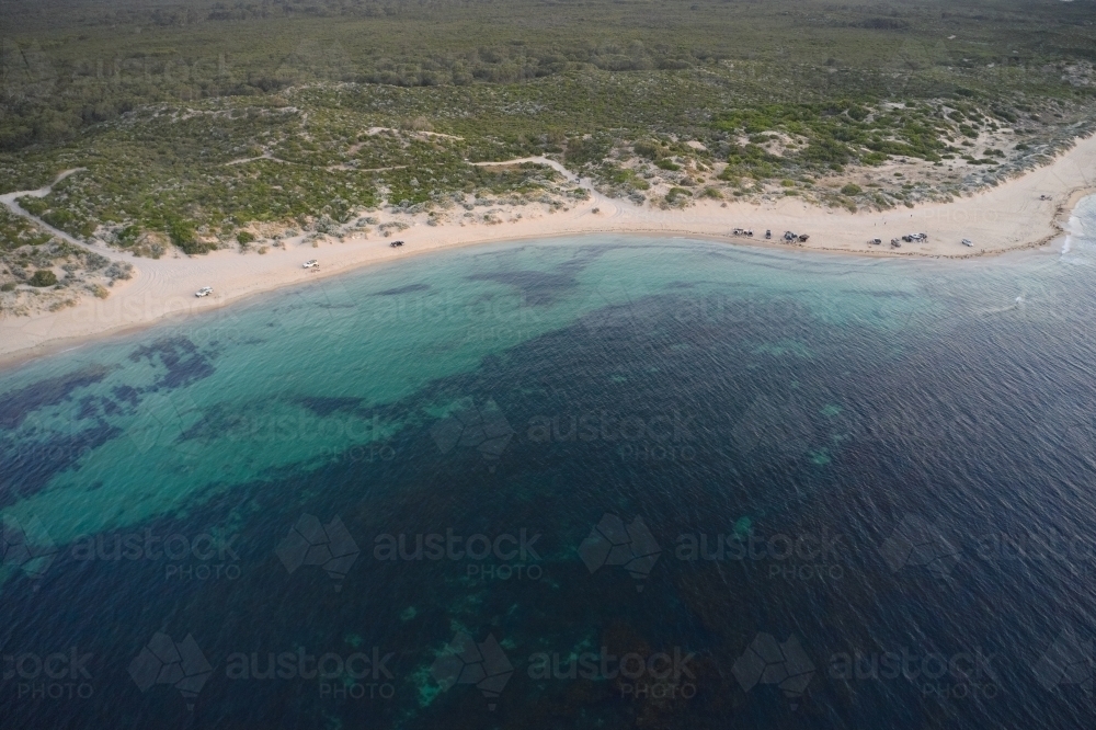 Aerial view of 4wd beach in Western Australia, with many  vehicles enjoying a summer evening - Australian Stock Image