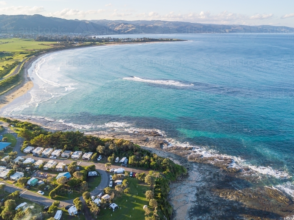 Aerial view of a caravan park close to the ocean Marengo on the Great Ocean Road - Australian Stock Image