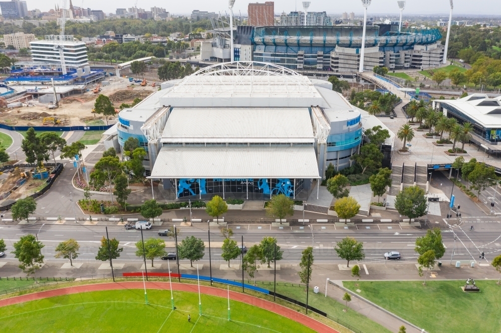 Aerial view of a city precinct with sports stadiums - Australian Stock Image