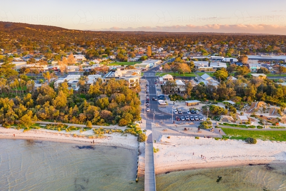 Aerial view of a coastal reserve a the base  of a wooden jetty - Australian Stock Image