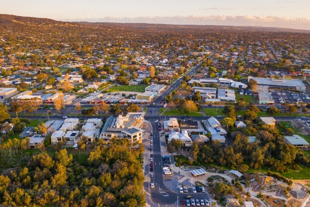 Aerial view of a coastal town and reserve near the beach - Australian Stock Image