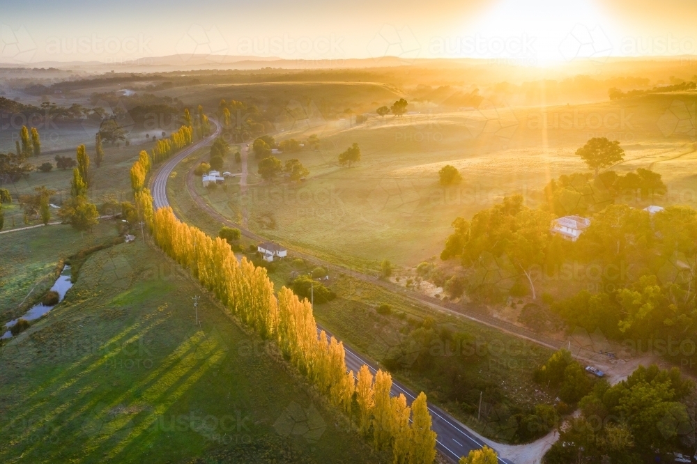 Aerial view of a country road winding through autumn trees at sunrise - Australian Stock Image