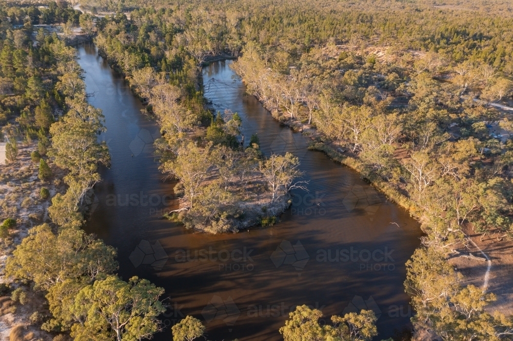 Aerial view of a hairpin bend in a murky river lined with gumtrees - Australian Stock Image