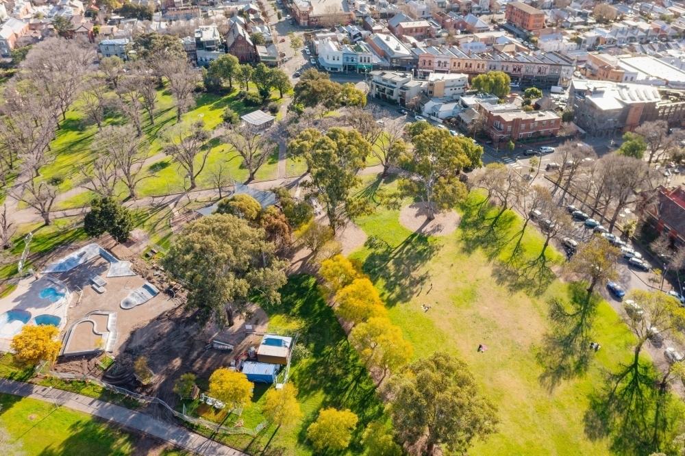 Aerial view of a housing area around a suburban park under construction - Australian Stock Image