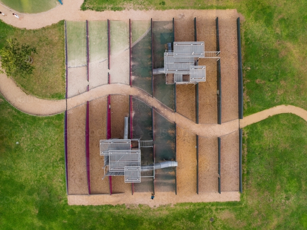 Aerial view of a path of a garden path winding through children's playground - Australian Stock Image