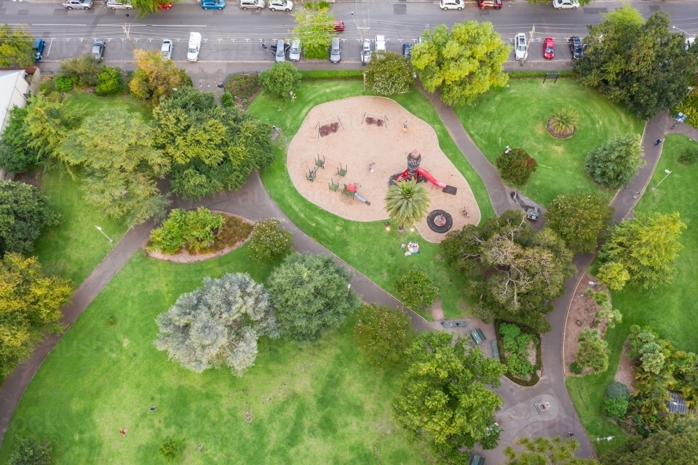 Aerial view of a playground and paths through a park - Australian Stock Image