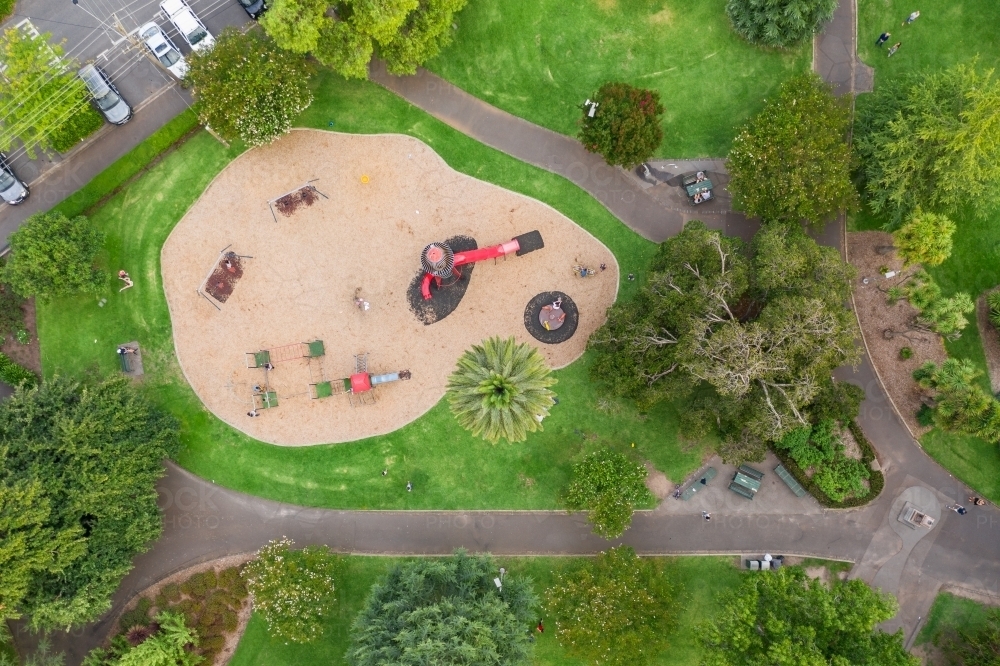 Aerial view of a playground and paths through a park - Australian Stock Image