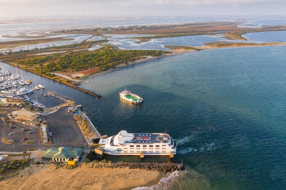 Aerial view of a sea ferry boat at a departure terminal - Australian Stock Image