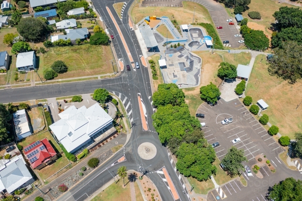 Aerial view of a skate park and surrounding roads in a regional town - Australian Stock Image