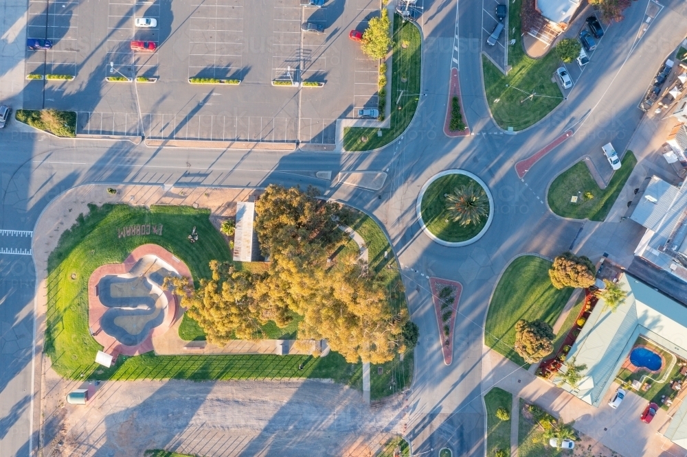 Aerial view of a skate park and surrounding streets and roundabouts - Australian Stock Image