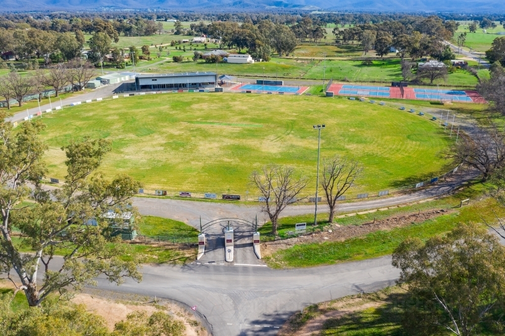 Aerial view of a sports oval in a regional town - Australian Stock Image