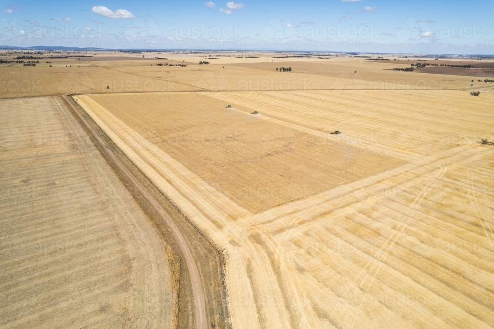 Aerial view of a vast farmland with distinct areas of varying shades of brown and beige. - Australian Stock Image