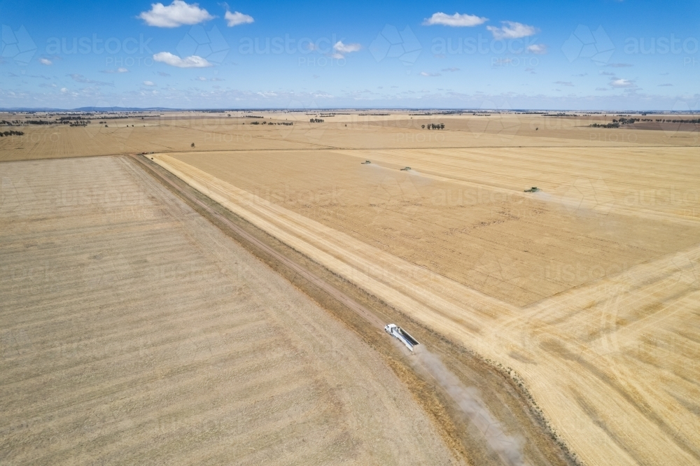 Aerial view of a vast farmland with distinct areas of varying shades of brown and beige. - Australian Stock Image