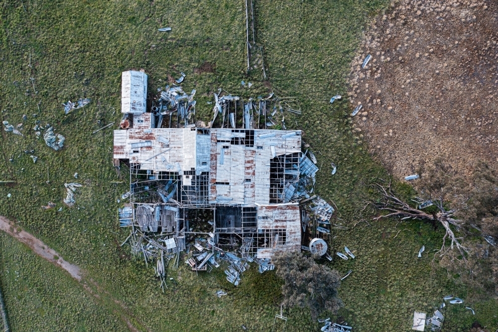 Aerial view of abandoned shearing shed on farm - Australian Stock Image