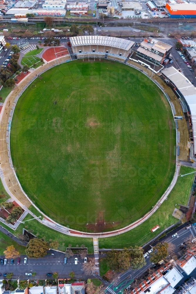 Aerial view of an AFL football ground surrounded by stands - Australian Stock Image