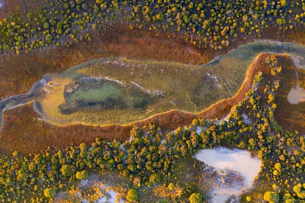 Aerial view of an evaporating salt lagoon on a coastal island covered in bushes - Australian Stock Image