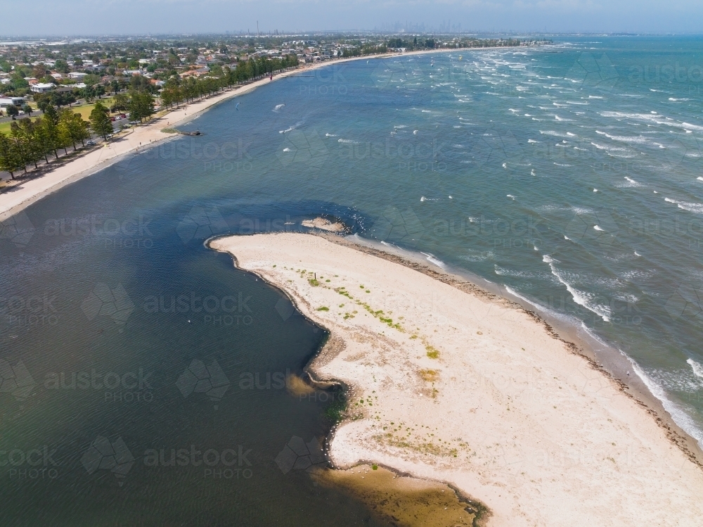 Aerial view of an unusually shaped sand bar and ocean bay - Australian Stock Image