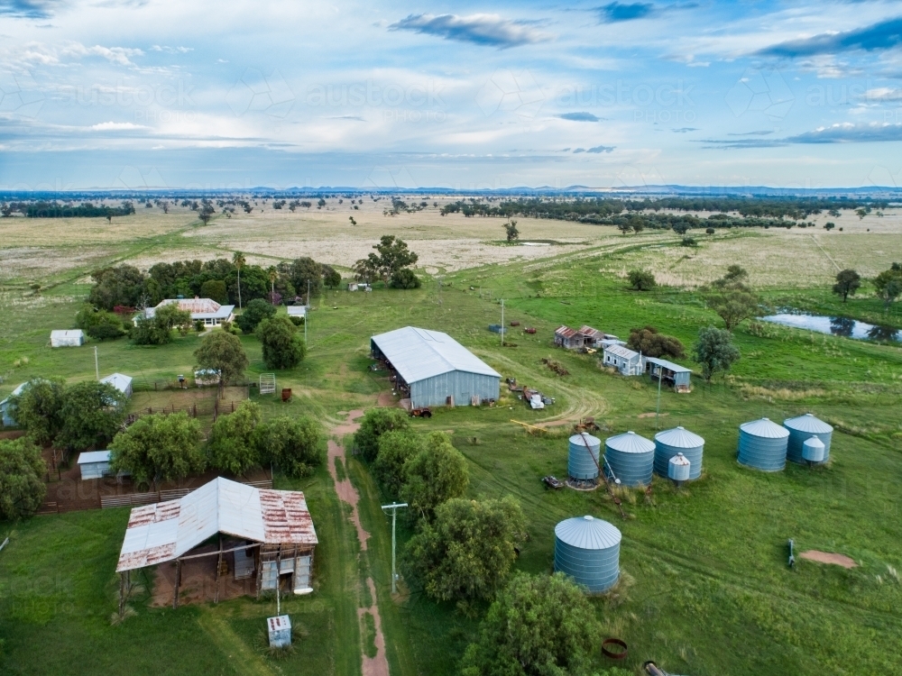 Aerial view of australian farm scene on overcast day - Australian Stock Image