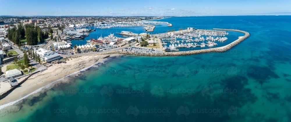 Aerial view of Bathers Beach, Fremantle Fishing Boat Harbour, and Royal Perth Yacht Club - Fremantle - Australian Stock Image