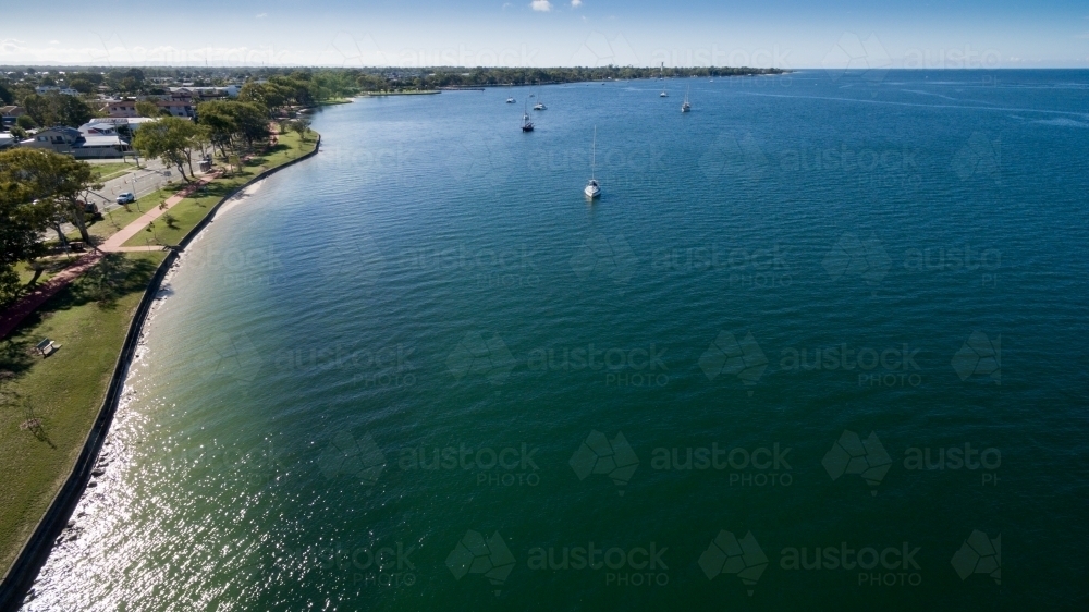 Aerial view of Bribie Island yacht anchorage. - Australian Stock Image