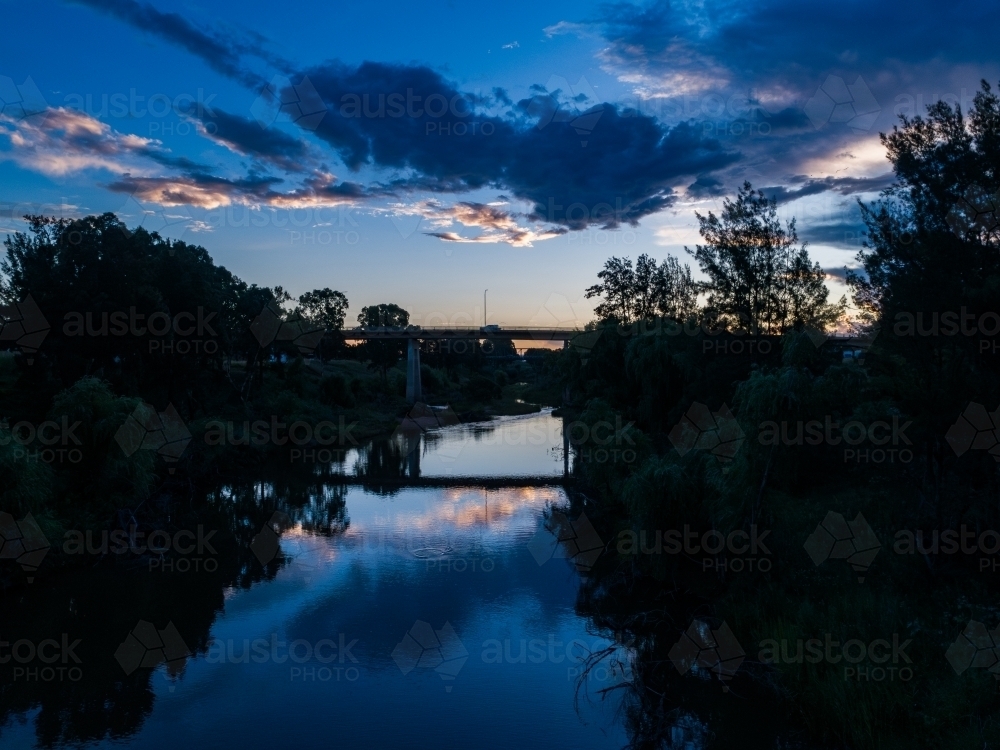 Aerial view of bridges crossing Hunter River in country town of singleton  - Australian Stock Image