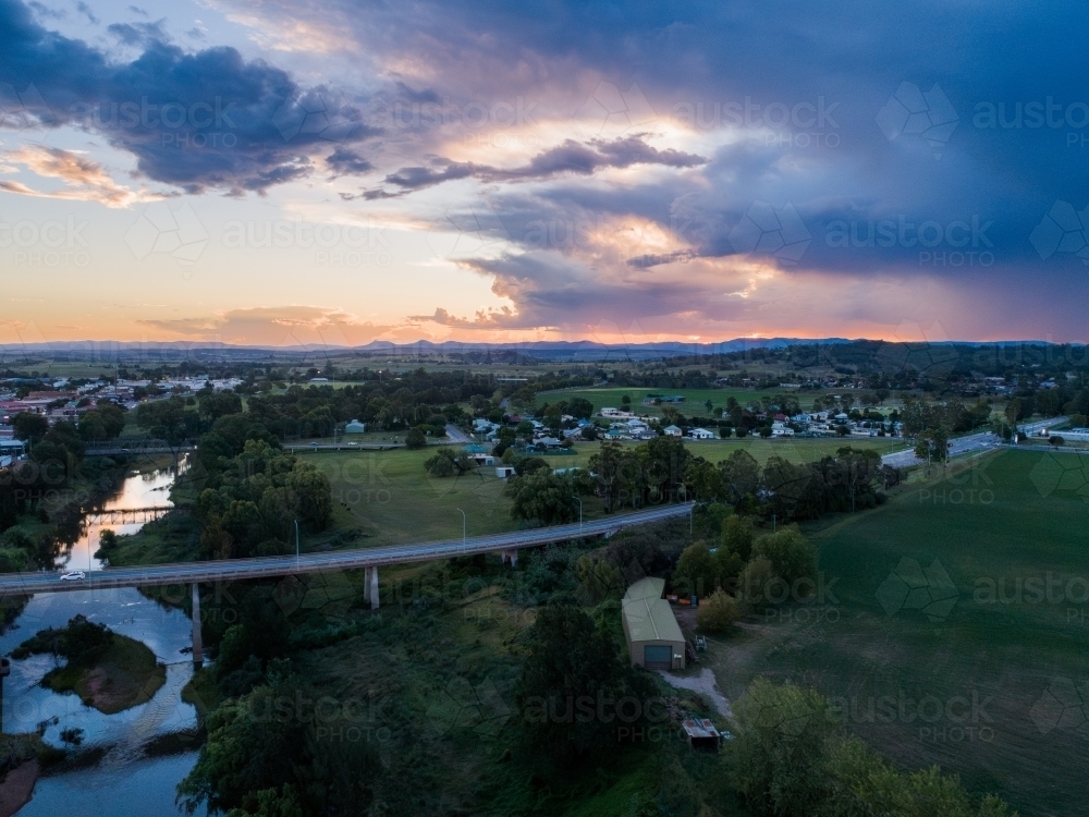 Aerial view of bridges crossing Hunter River in country town of singleton  - Australian Stock Image