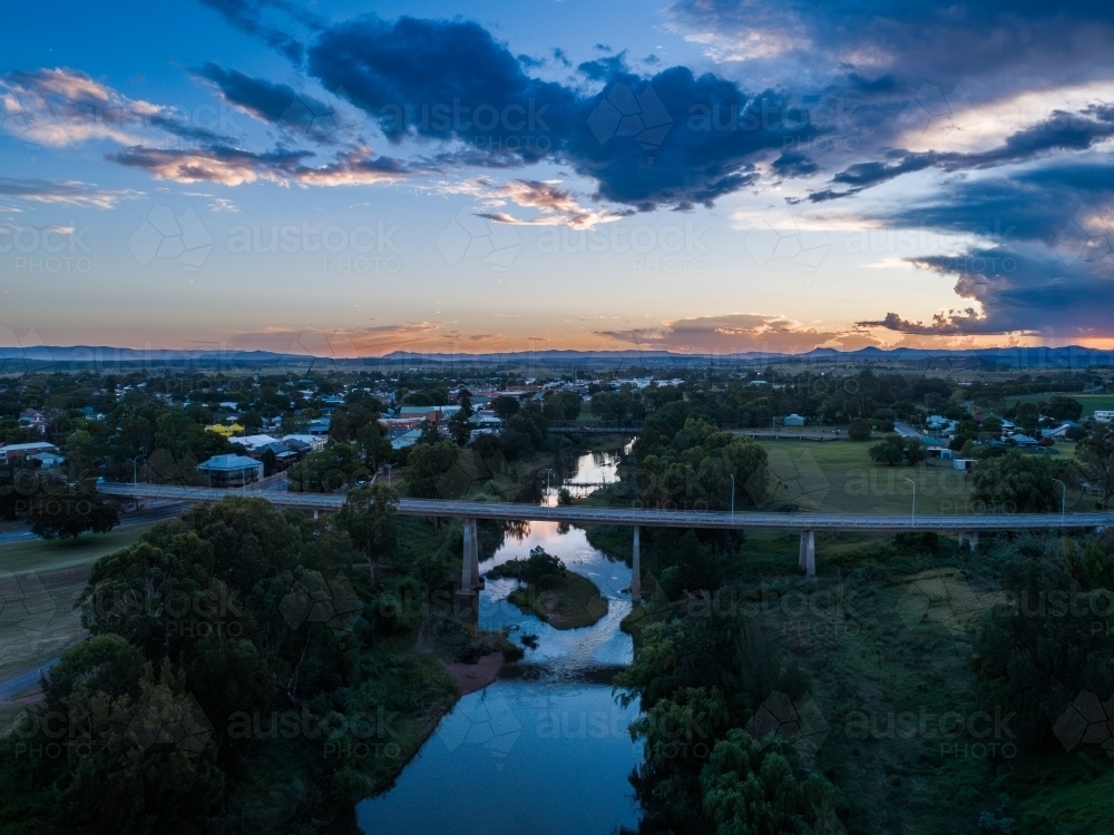 Aerial view of bridges crossing Hunter River in country town of singleton  - Australian Stock Image