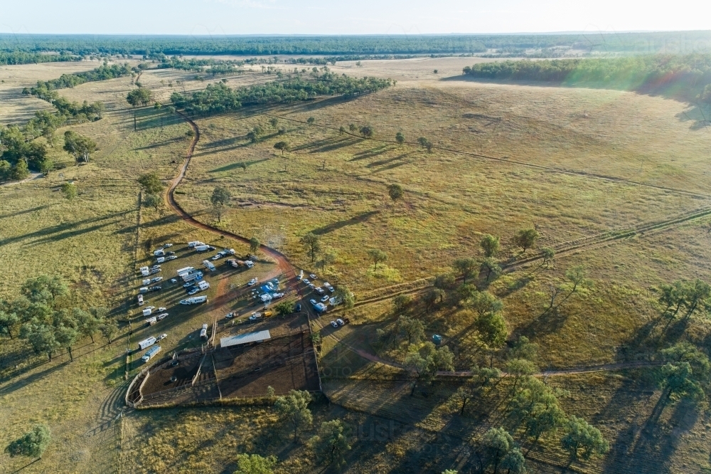 Aerial view of cattle yards and campsite on a farm. - Australian Stock Image