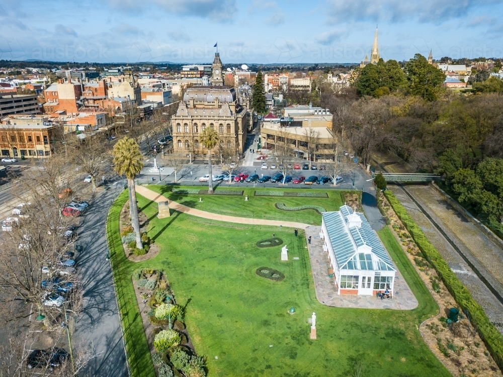 Aerial view of city park surrounded by historic buildings and streets - Australian Stock Image