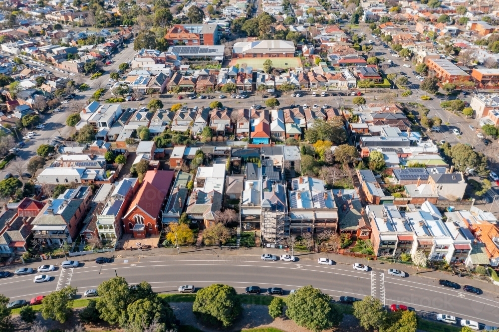 Aerial view of city streets full of historical houses and buildings - Australian Stock Image