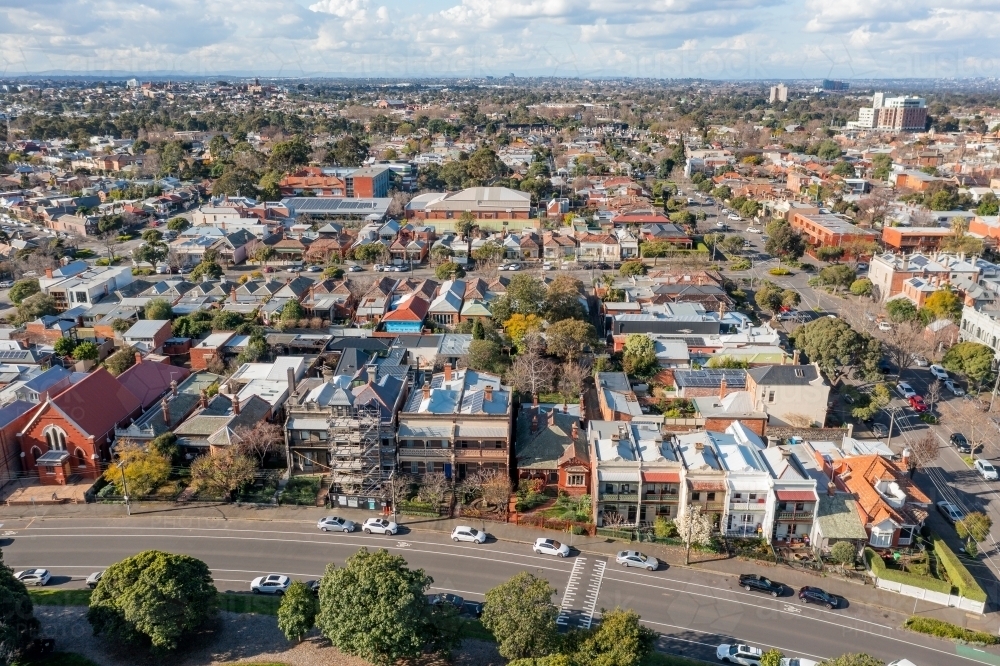 Aerial view of city streets full of historical houses and buildings - Australian Stock Image