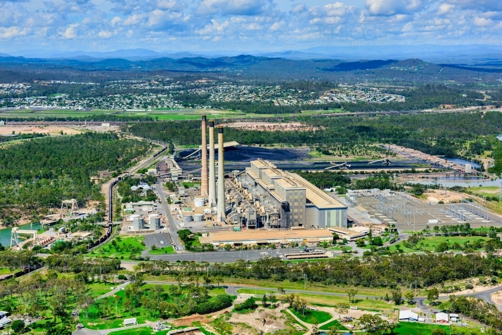 Aerial view of coal fired power station in Gladstone, Queensland - Australian Stock Image