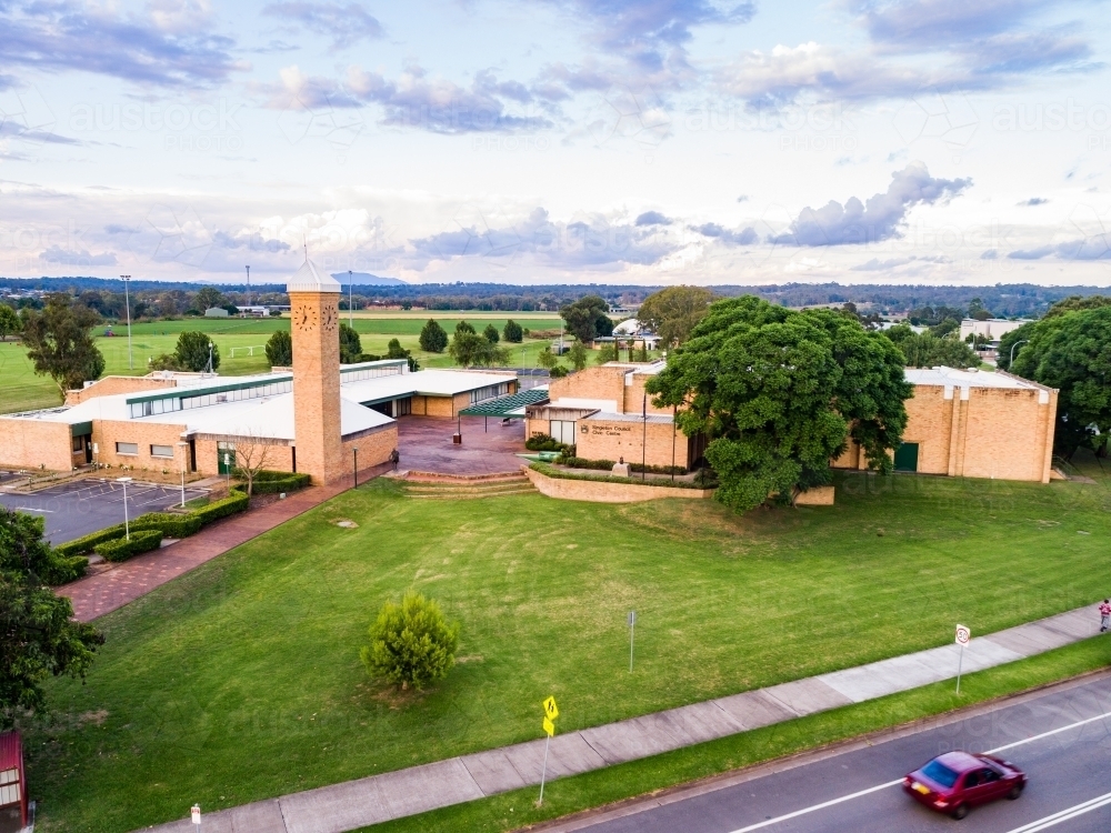 Aerial view of council building civic centre and clock tower with green and footpath - Australian Stock Image