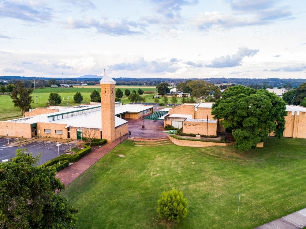 Aerial view of council building civic centre and clock tower with green - Australian Stock Image