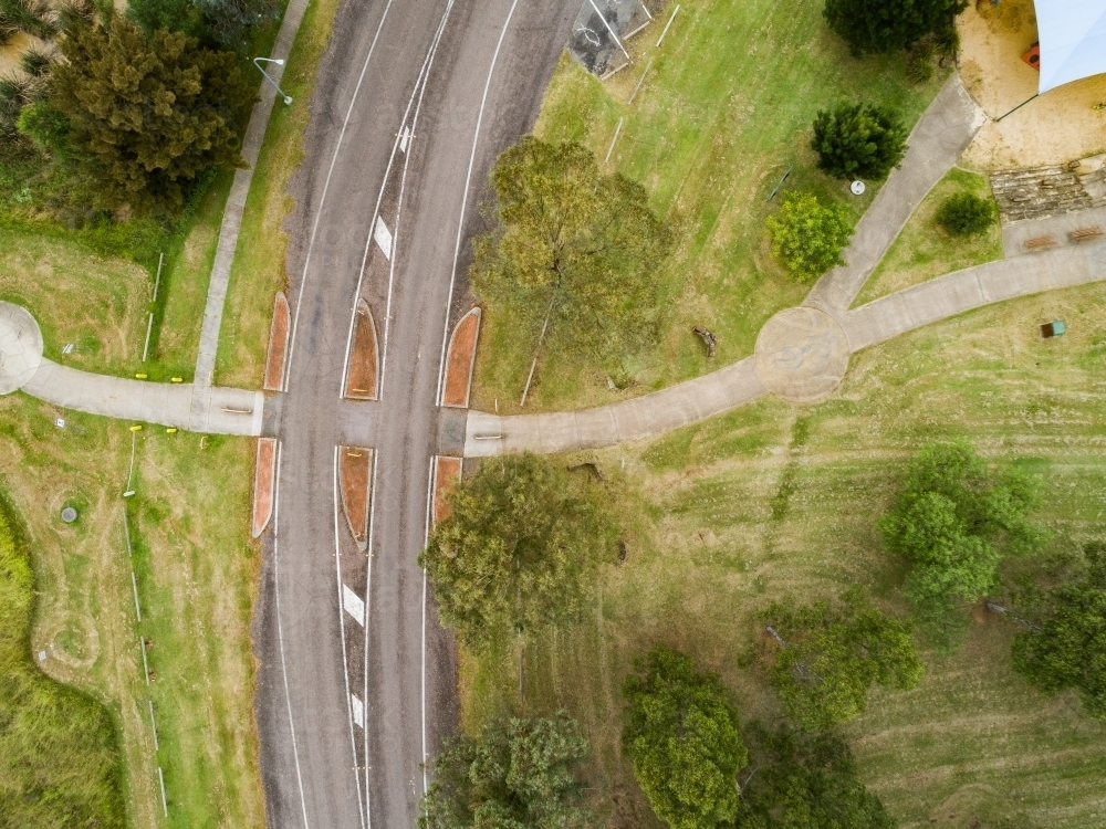 Aerial view of cycleway and walking path crossing road - Australian Stock Image