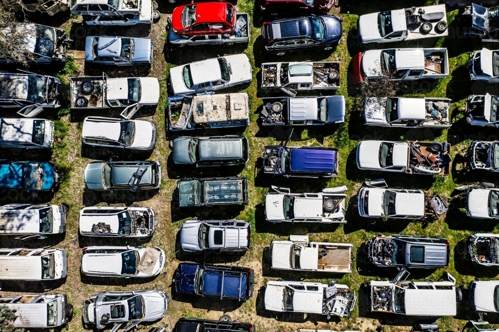 Aerial view of damaged car bodies at an auto wreckers - Australian Stock Image