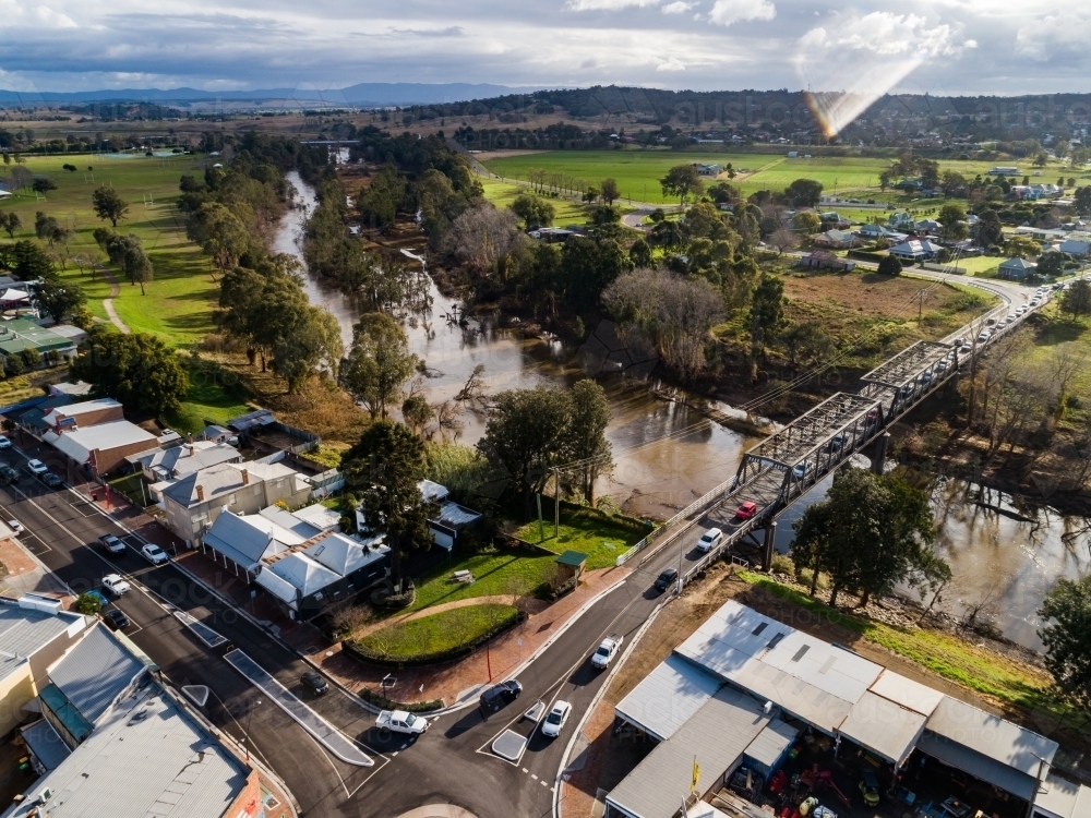 Aerial view of Dunolly Ford Bridge to intersection in town of Singleton beside Hunter River - Australian Stock Image