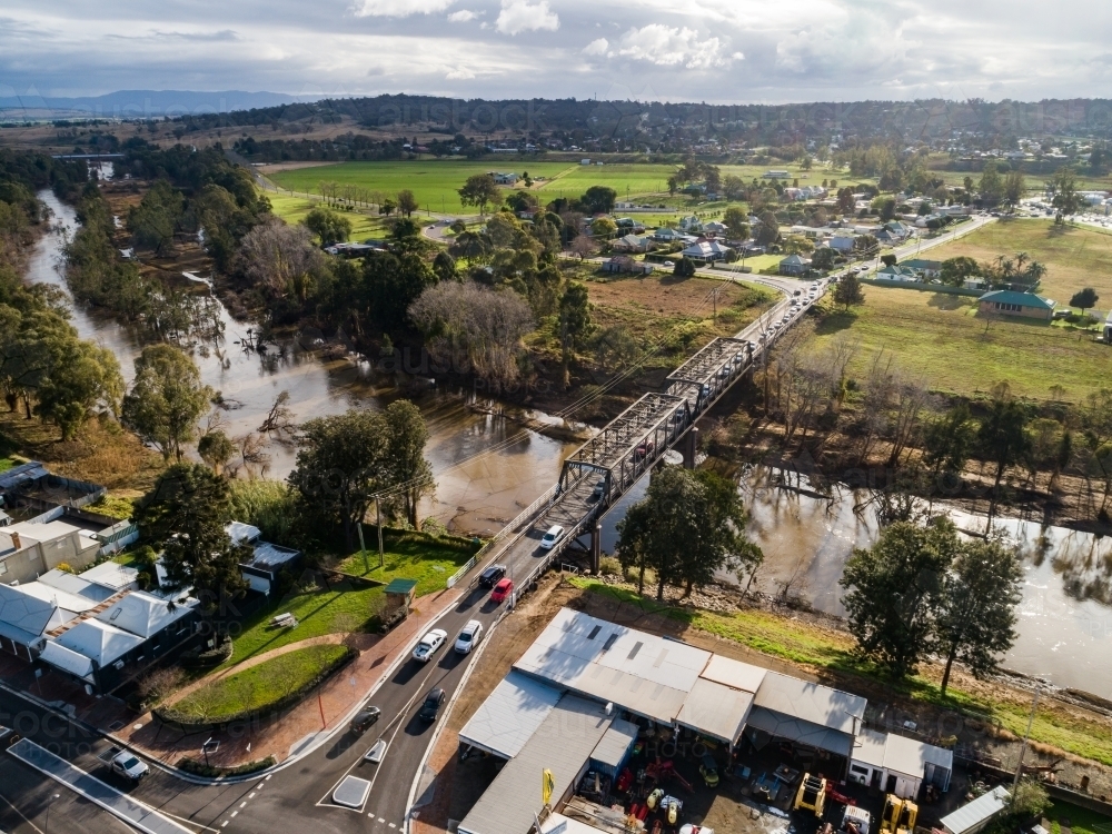 Aerial view of Dunolly Ford Bridge to roundabout in Singleton beside Hunter River - Australian Stock Image