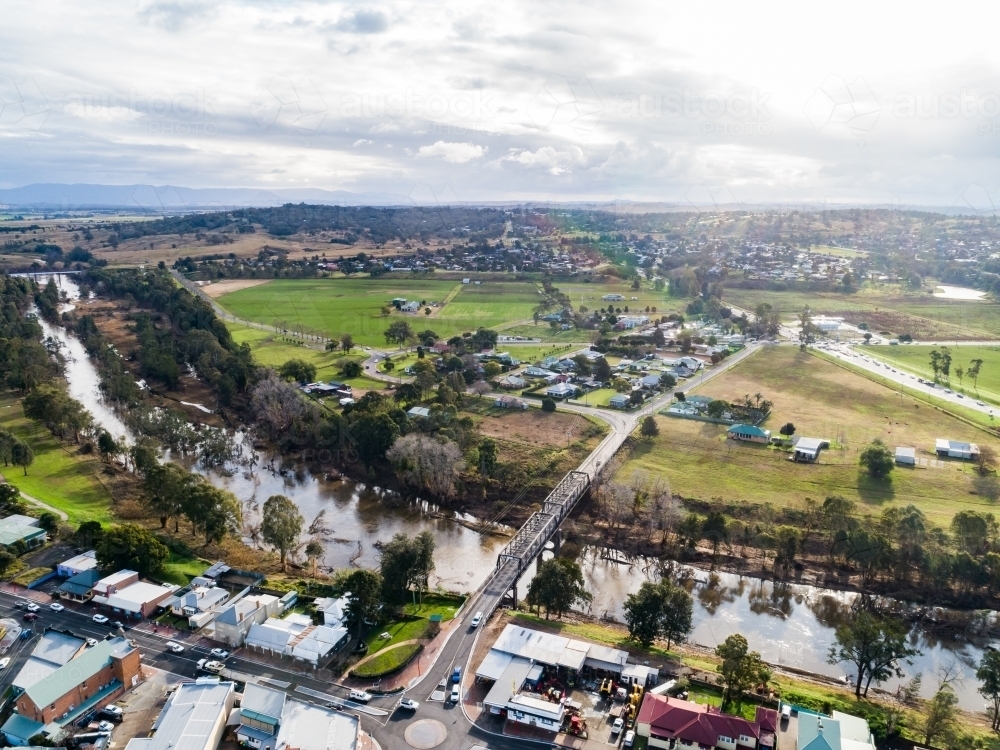 Aerial view of Dunolly Ford Bridge to roundabout in Singleton beside Hunter River - Australian Stock Image