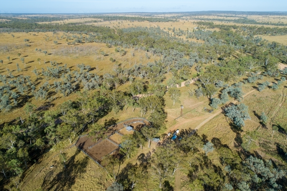 Aerial view of farm and cattle yards. - Australian Stock Image