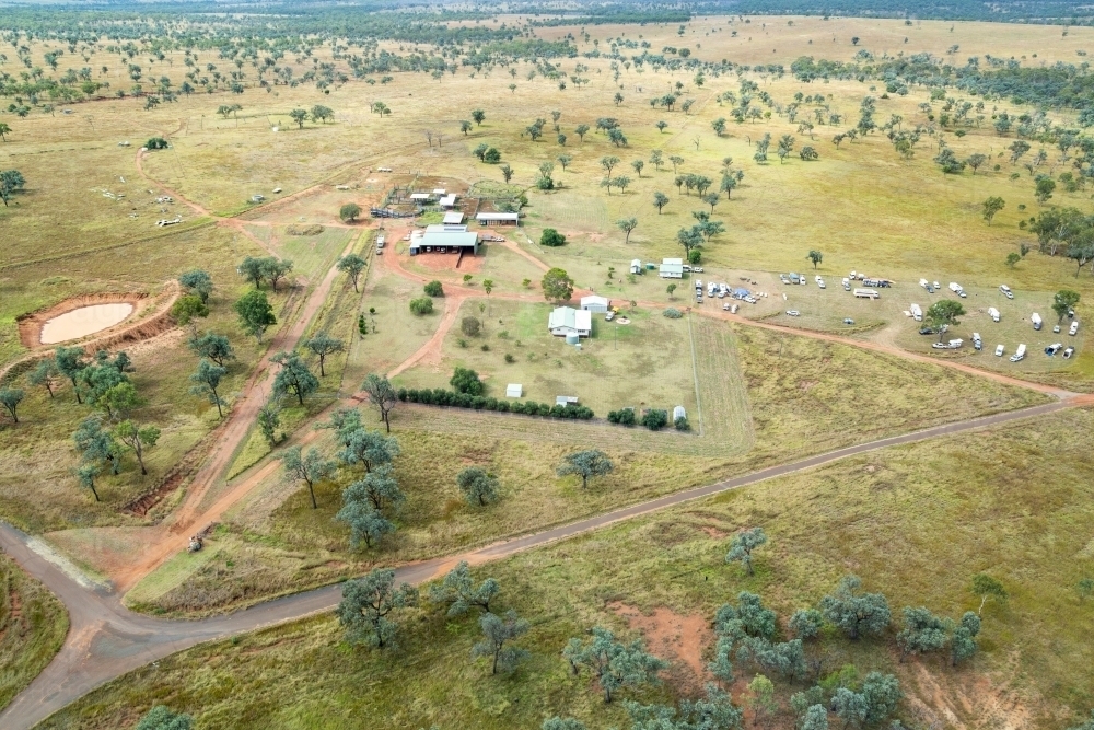 Aerial view of farm homestead and camp sites. - Australian Stock Image